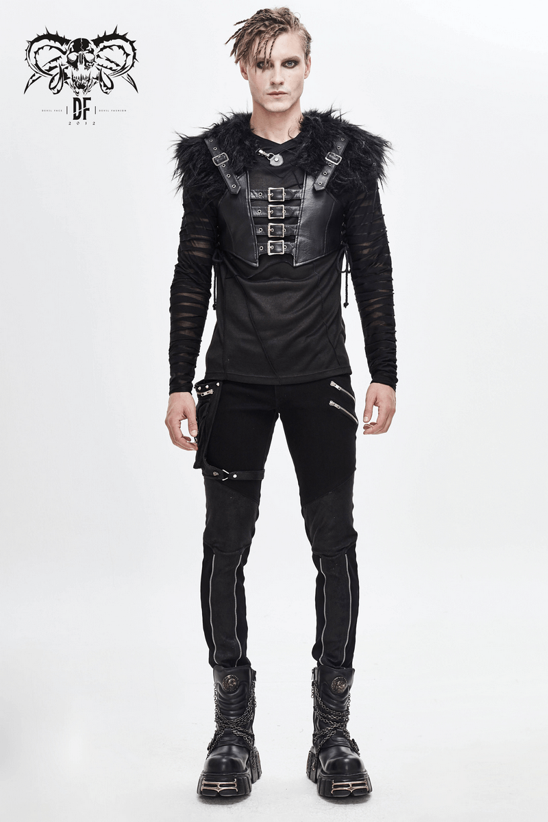 Faux Leather Waistcoat with Fur on Shoulders / Lace-up Sides Waistcoat with Belt & Buckle