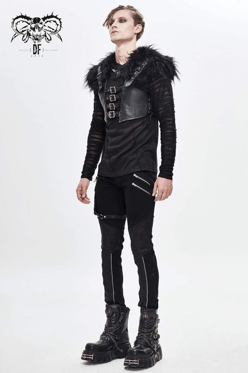 Faux Leather Waistcoat with Fur on Shoulders / Lace-up Sides Waistcoat with Belt & Buckle