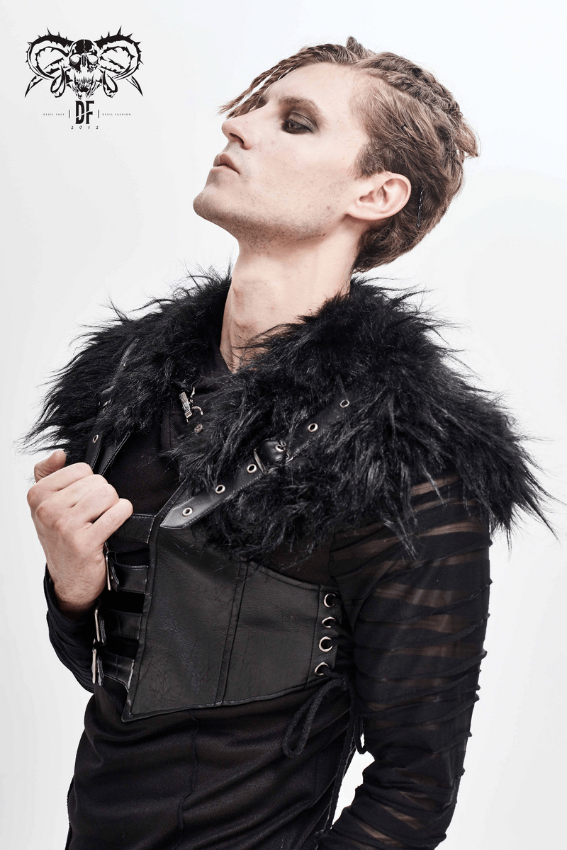 Faux Leather Waistcoat with Fur on Shoulders / Lace-up Sides Waistcoat with Belt & Buckle