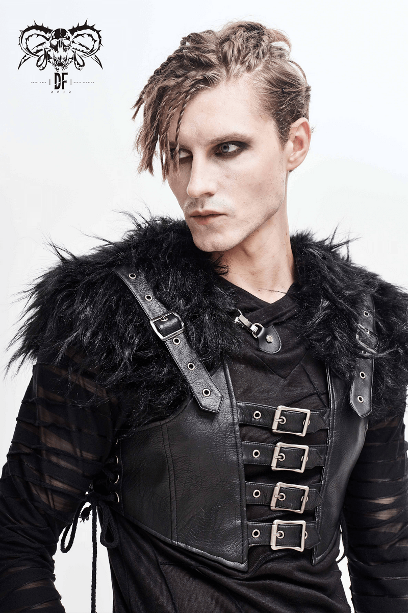 Faux Leather Waistcoat with Fur on Shoulders / Lace-up Sides Waistcoat with Belt & Buckle