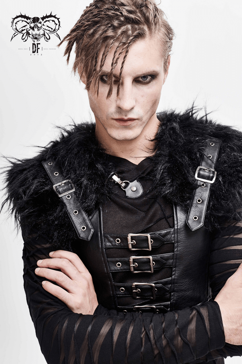 Faux Leather Waistcoat with Fur on Shoulders / Lace-up Sides Waistcoat with Belt & Buckle