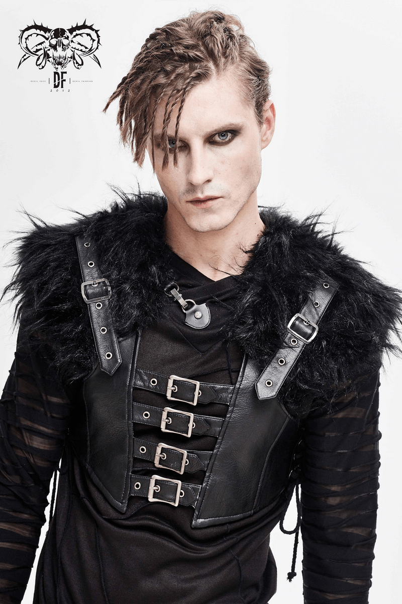 Faux Leather Waistcoat with Fur on Shoulders / Lace-up Sides Waistcoat with Belt & Buckle