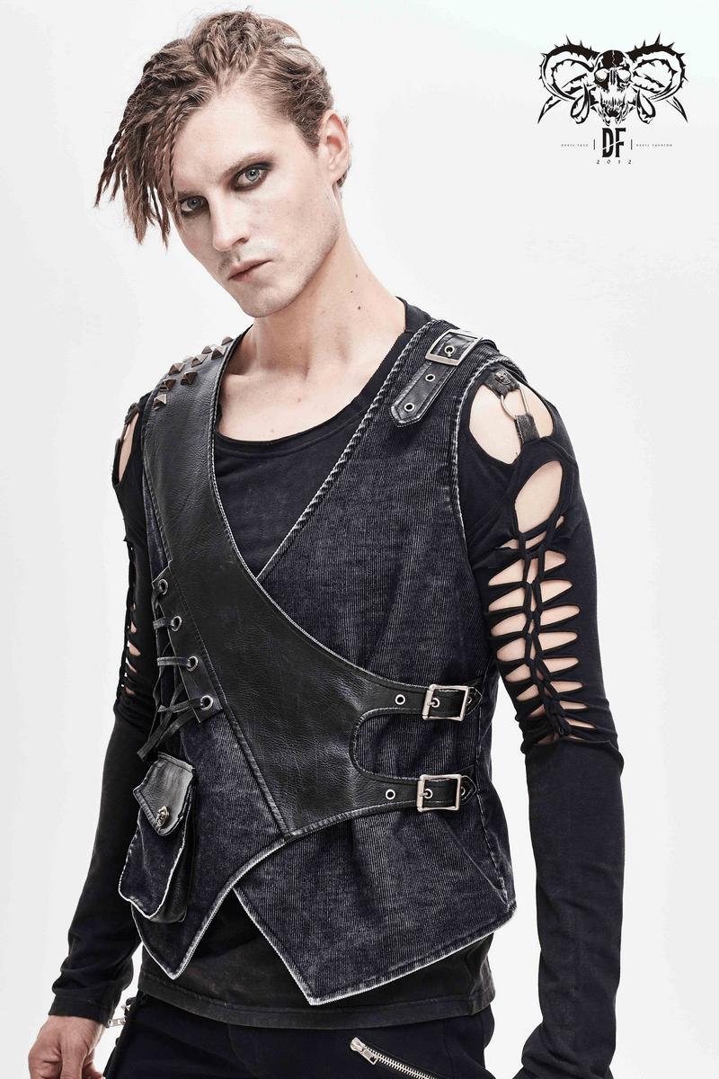 Faux Leather Waistcoats With Pockets / Punk Style Vest with Buckles / Vintage Vest for Men