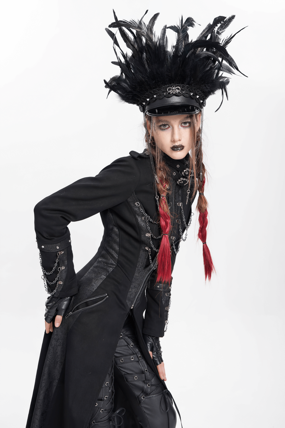 Feathered Leather Cap with Lace Details and Chains