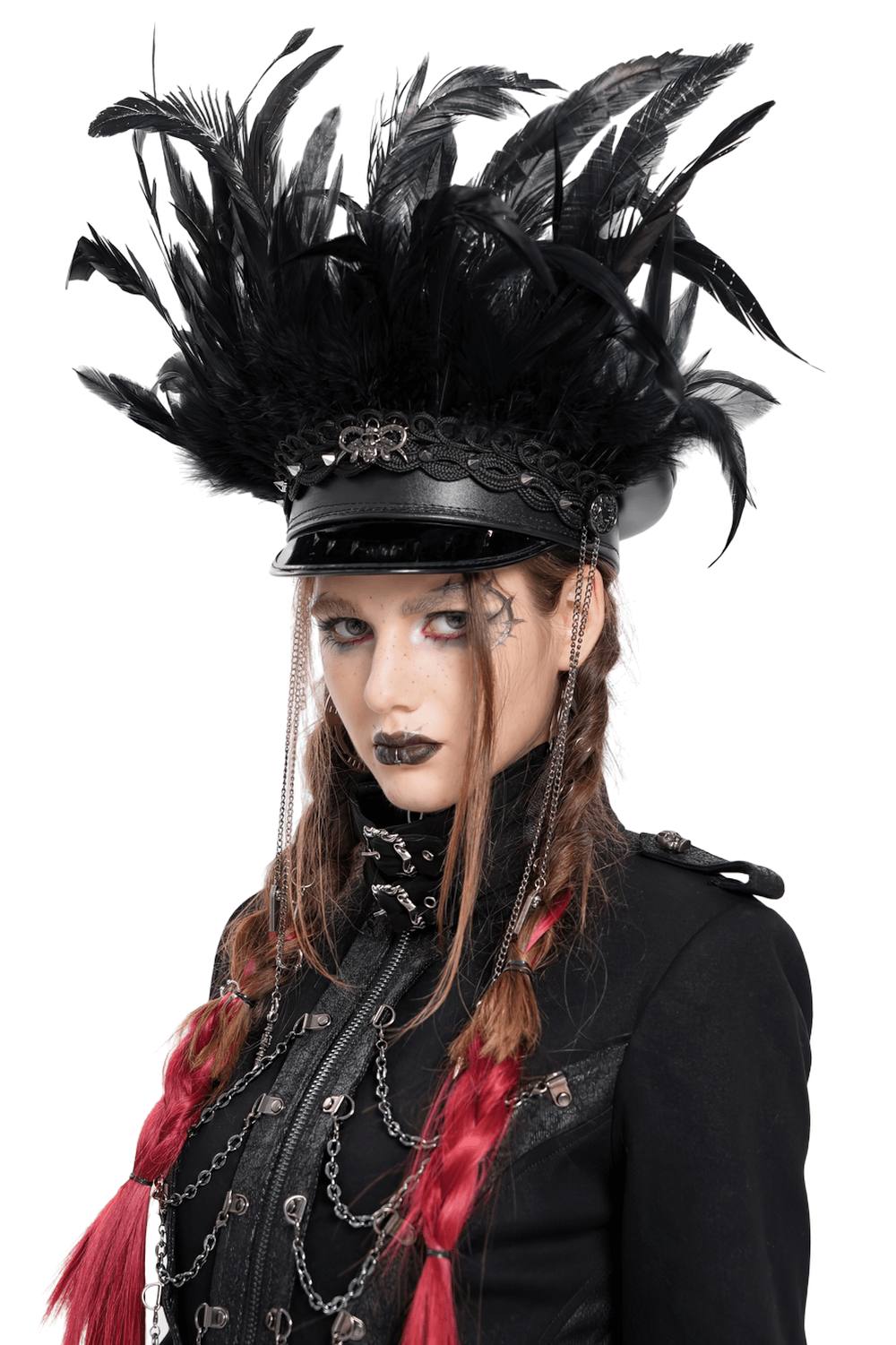 Feathered Leather Cap with Lace Details and Chains