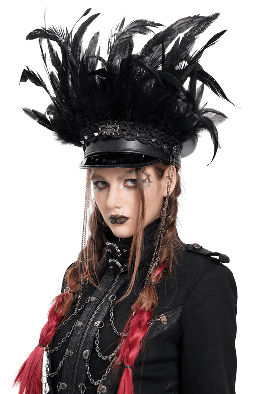 Feathered Leather Cap with Lace Details and Chains