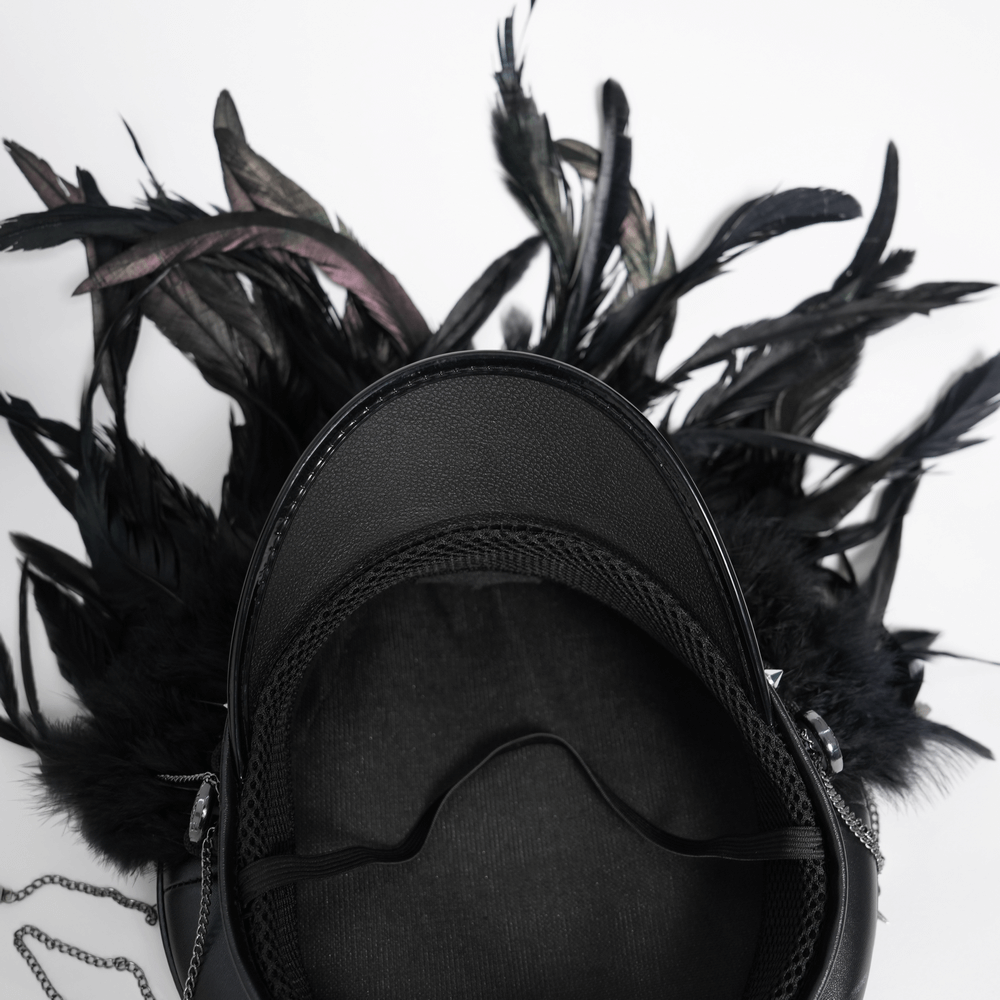 Feathered Leather Cap with Lace Details and Chains
