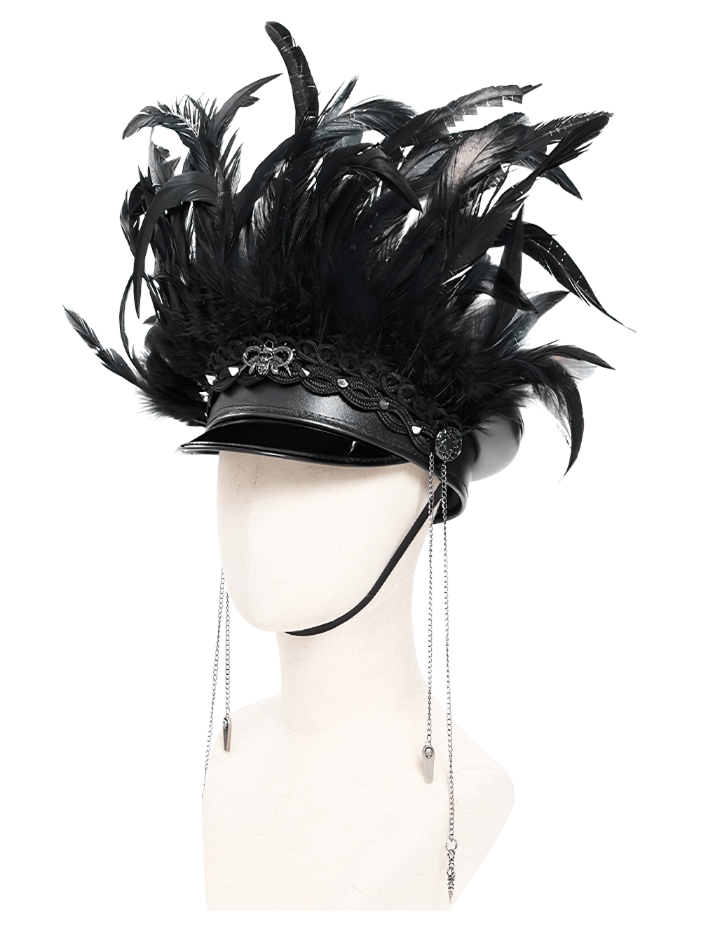 Feathered Leather Cap with Lace Details and Chains