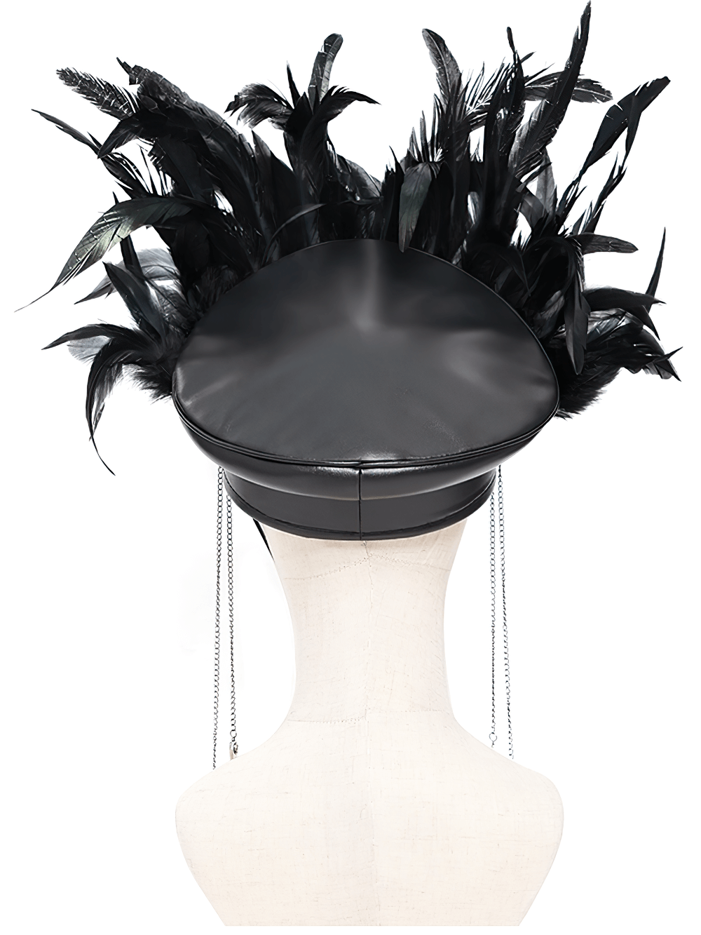 Feathered Leather Cap with Lace Details and Chains