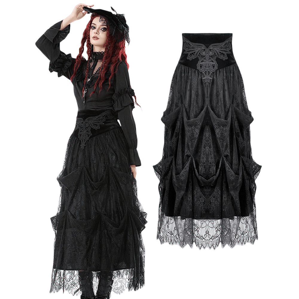 Female Black Lace Layered High Waist Long Skirt