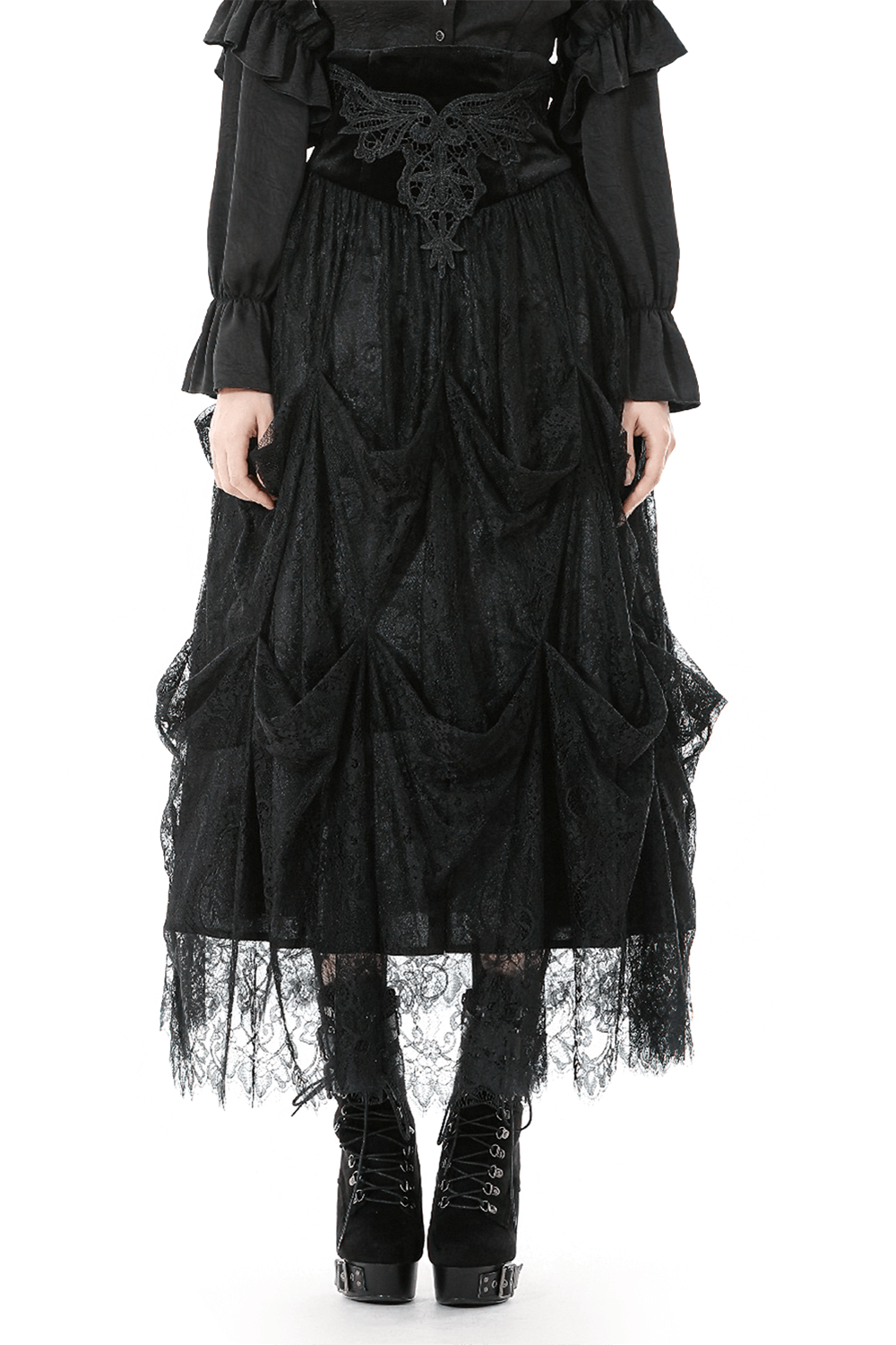 Female Black Lace Layered High Waist Long Skirt