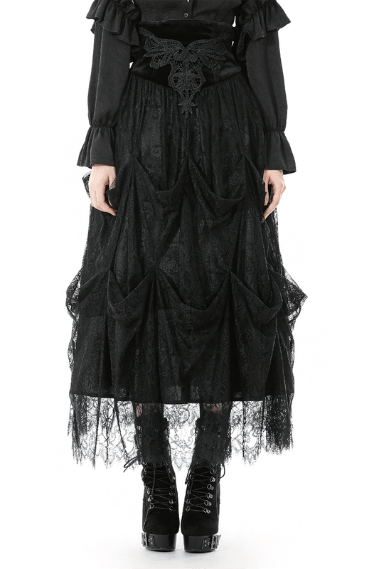Female Black Lace Layered High Waist Long Skirt