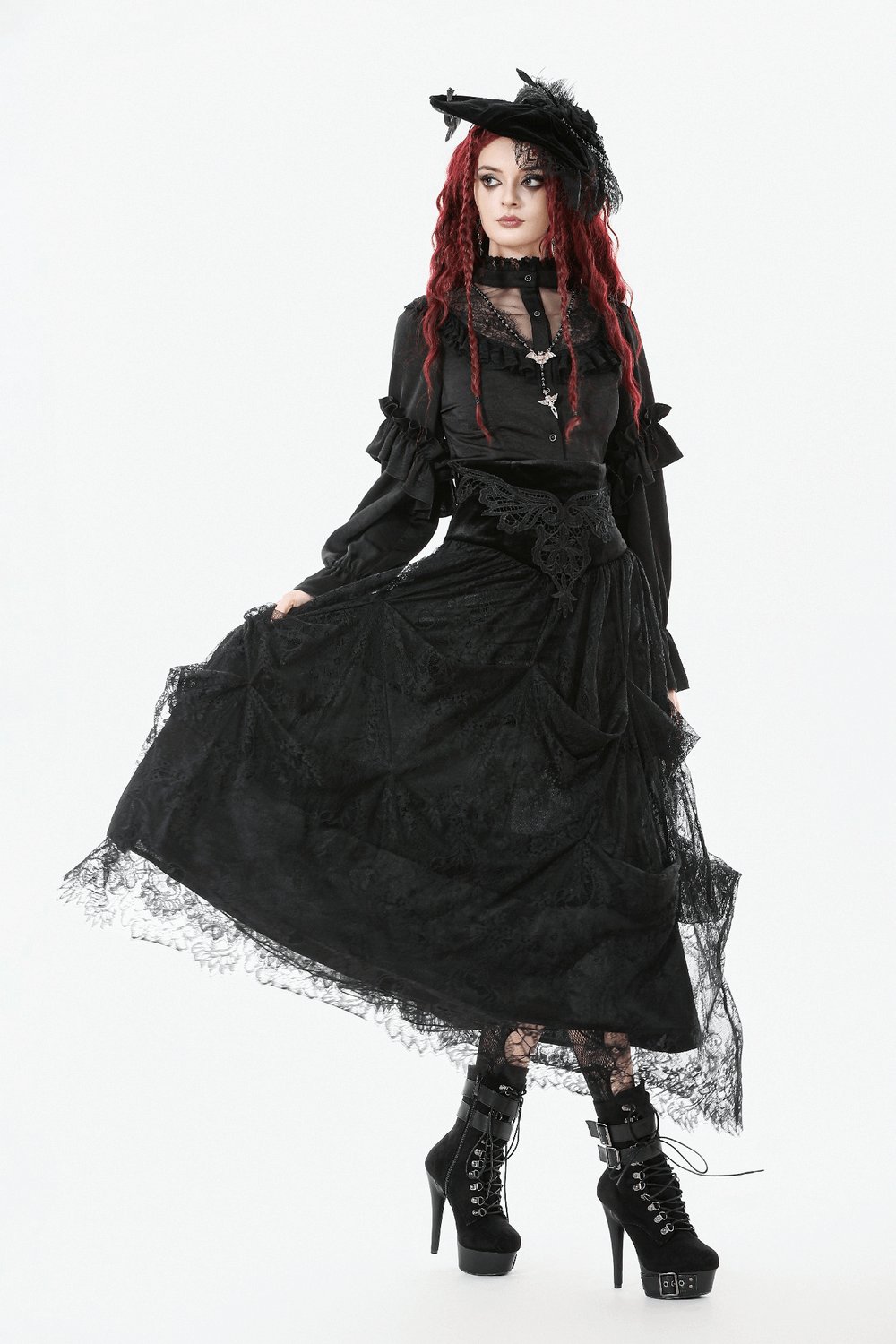 Female Black Lace Layered High Waist Long Skirt
