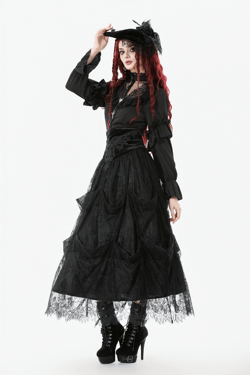 Female Black Lace Layered High Waist Long Skirt
