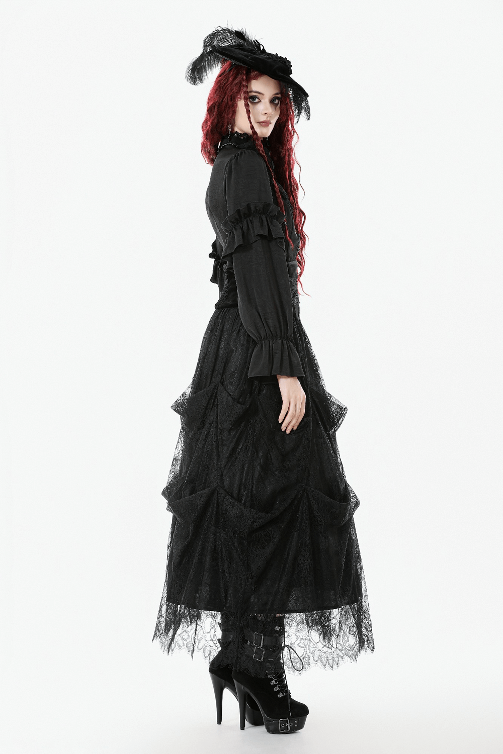 Female Black Lace Layered High Waist Long Skirt