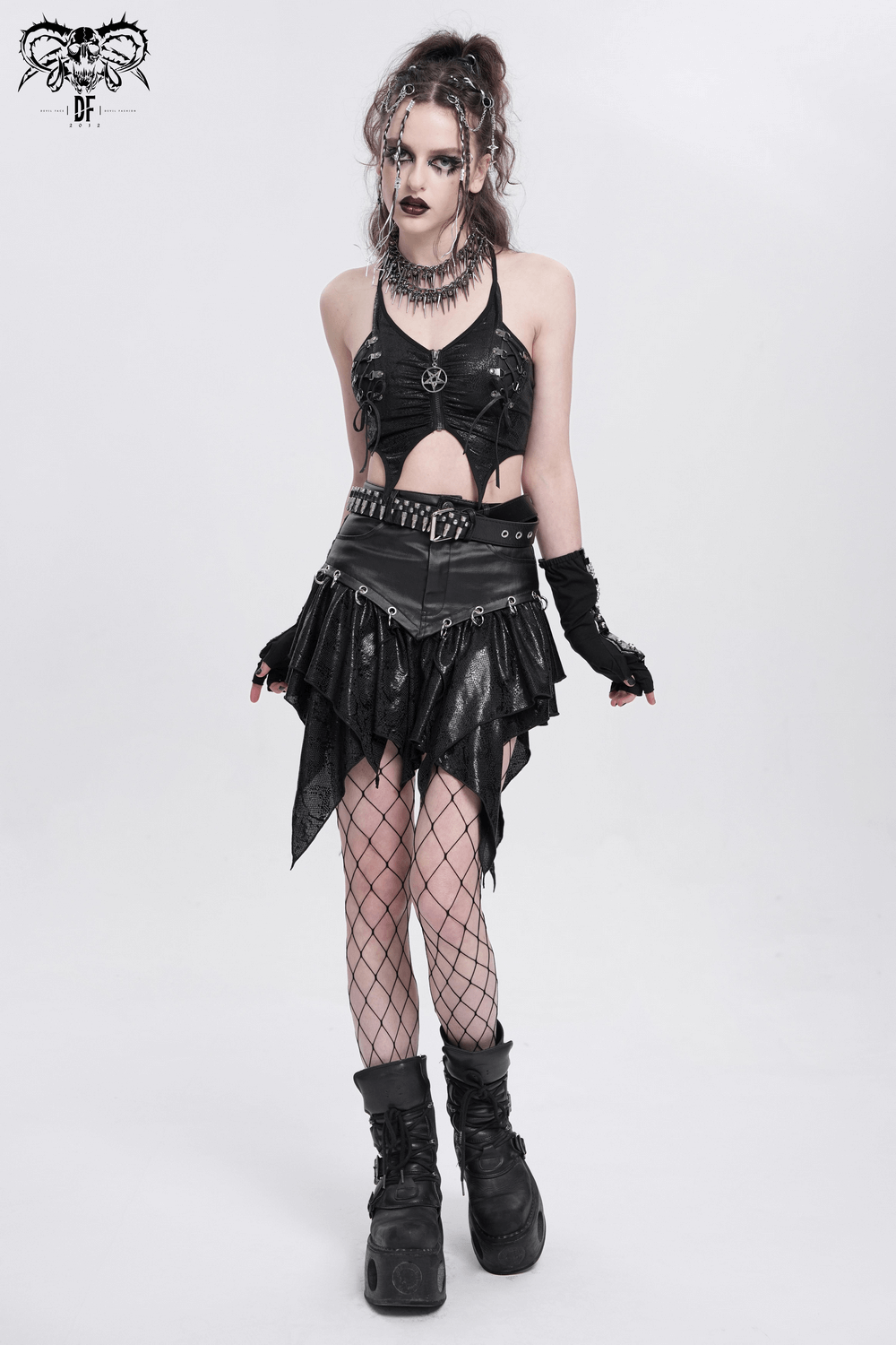 Female Crop Top with Pentagram and Straps in Edgy Style