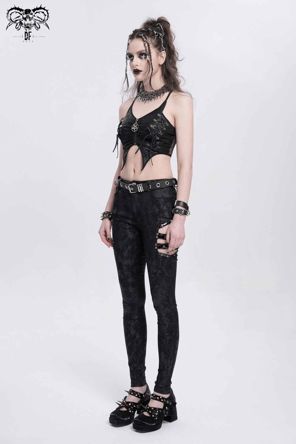 Female Crop Top with Pentagram and Straps in Edgy Style