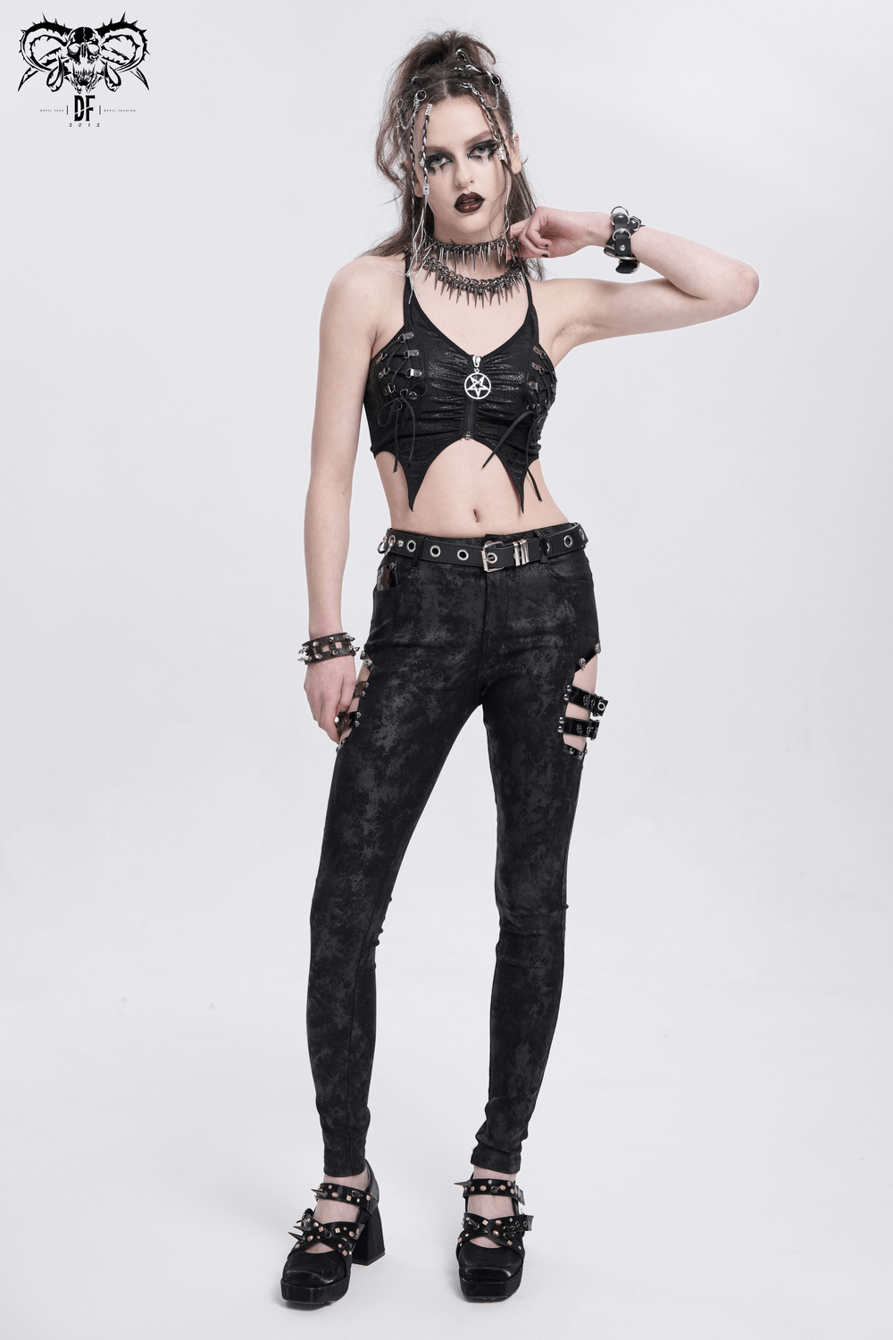 Female Crop Top with Pentagram and Straps in Edgy Style
