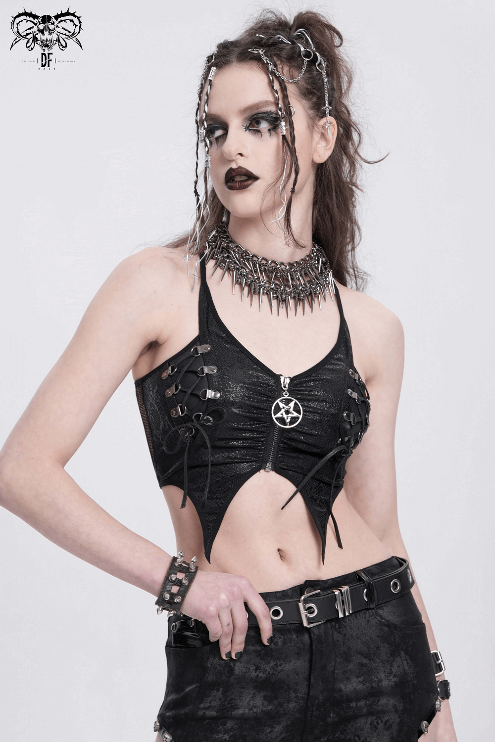 Female Crop Top with Pentagram and Straps in Edgy Style