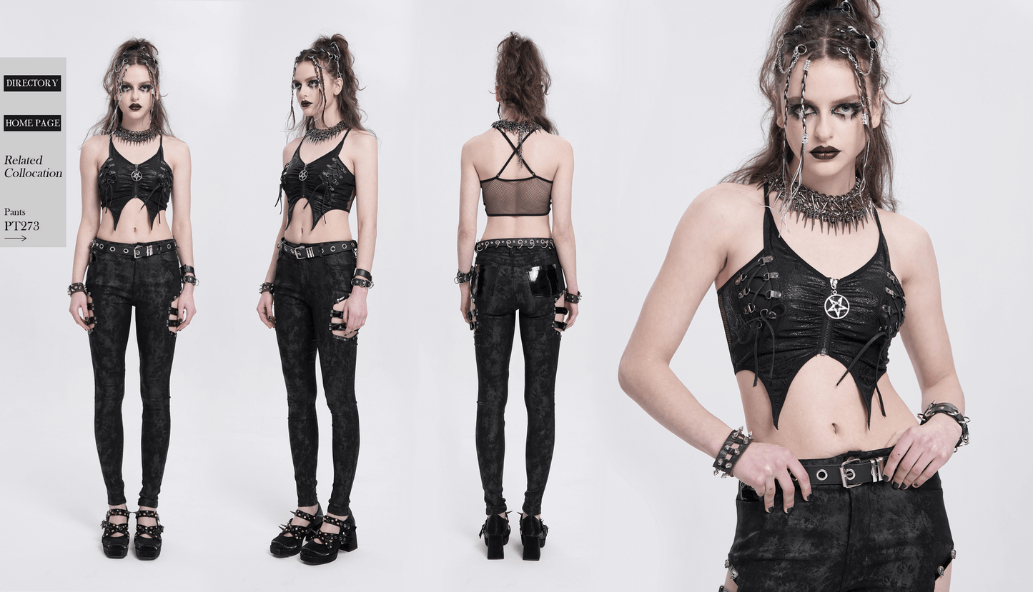 Female Crop Top with Pentagram and Straps in Edgy Style