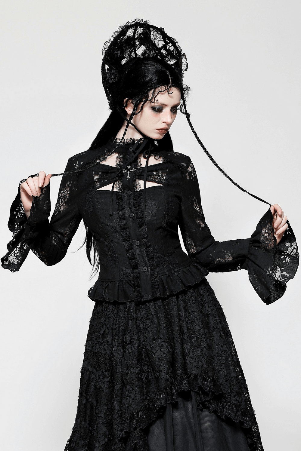 Female Gothic Lace Blouse with Cross and Cutouts