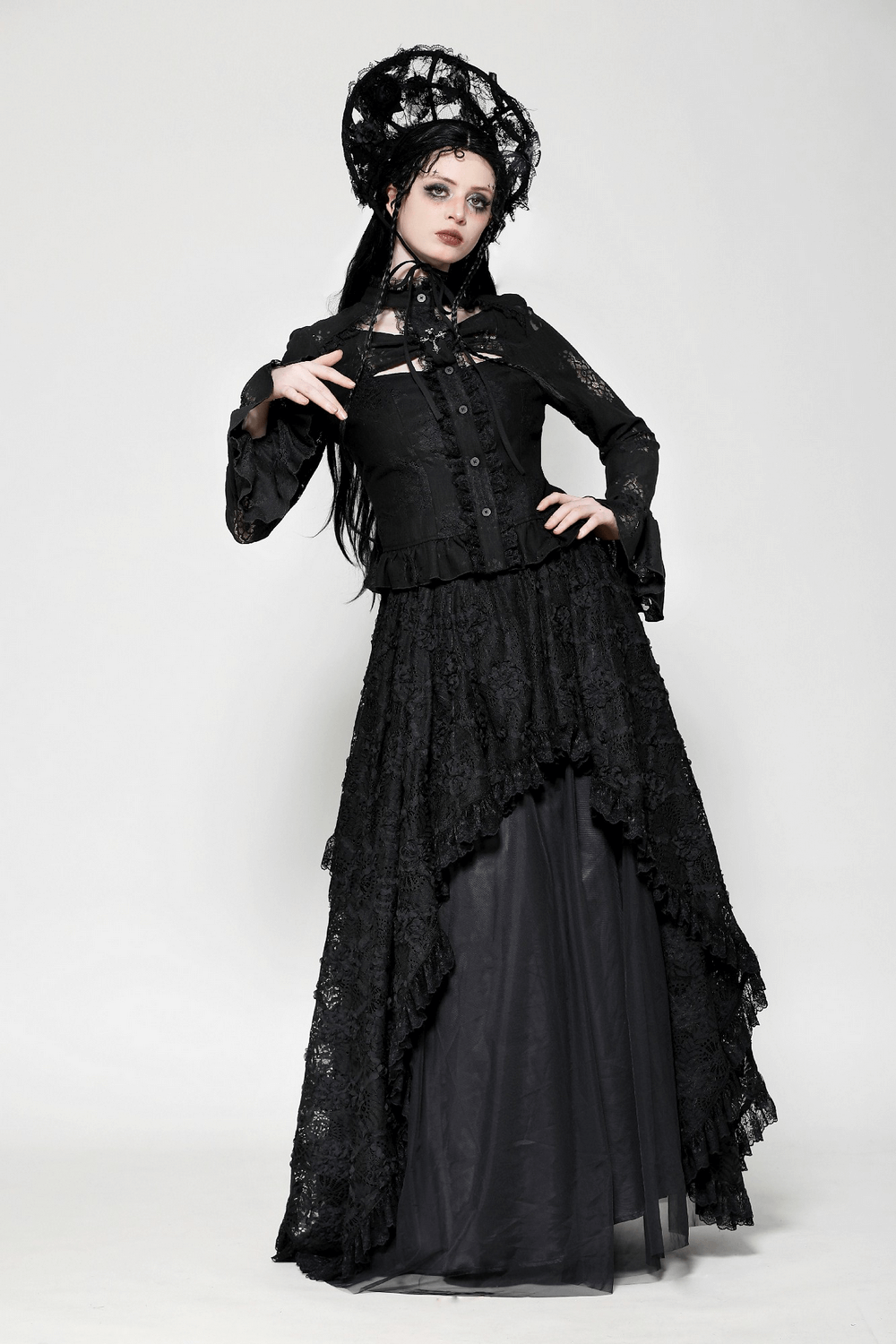 Female Gothic Lace Blouse with Cross and Cutouts