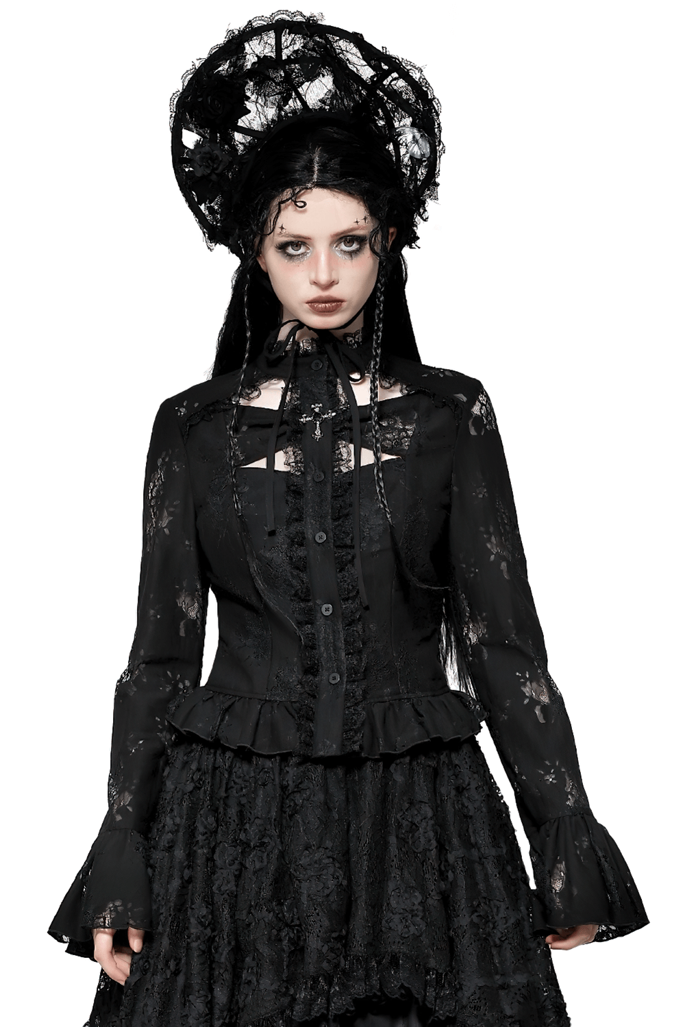 Female Gothic Lace Blouse with Cross and Cutouts