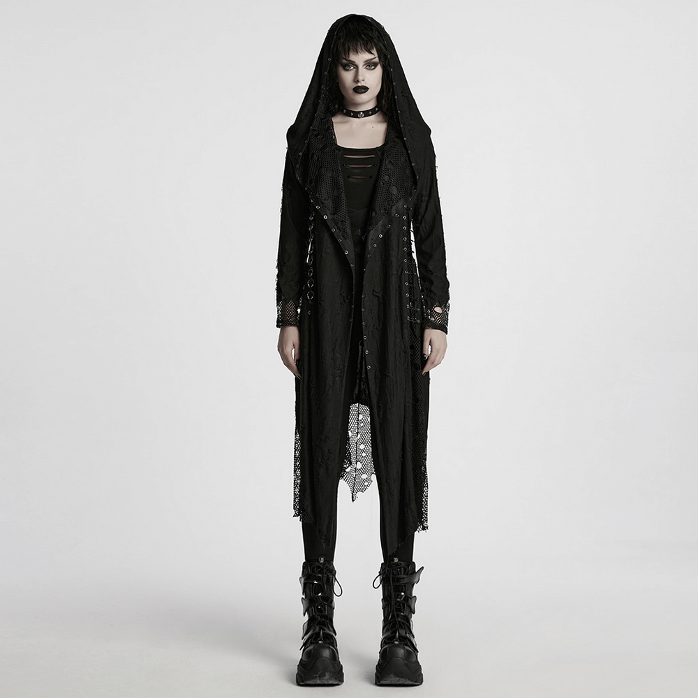 Female Gothic Mesh and Knit Hooded Asymmetric Cape