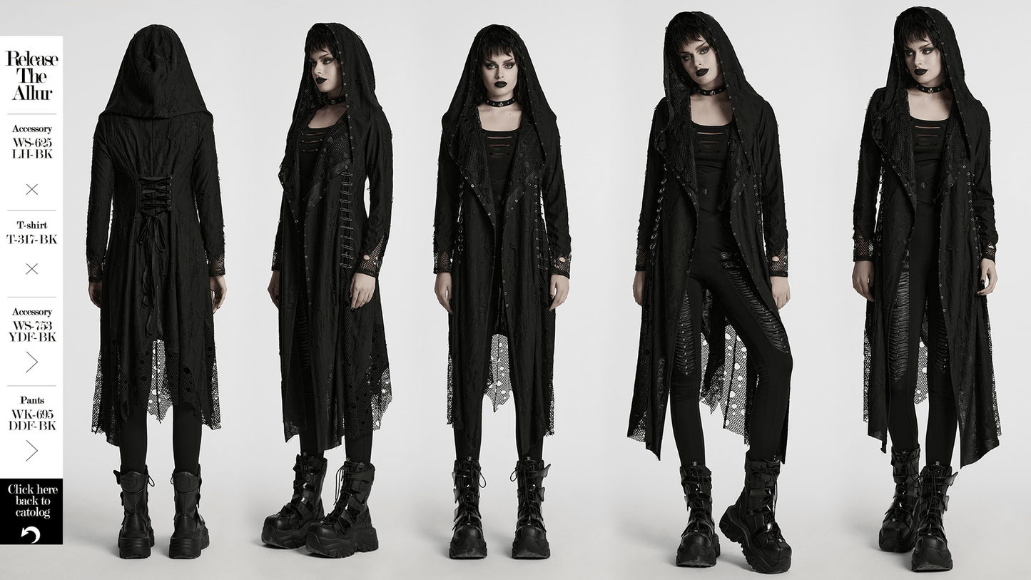 Female Gothic Mesh and Knit Hooded Asymmetric Cape