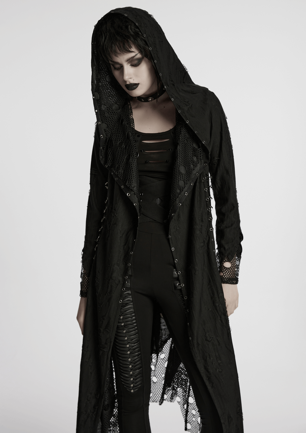 Female Gothic Mesh and Knit Hooded Asymmetric Cape