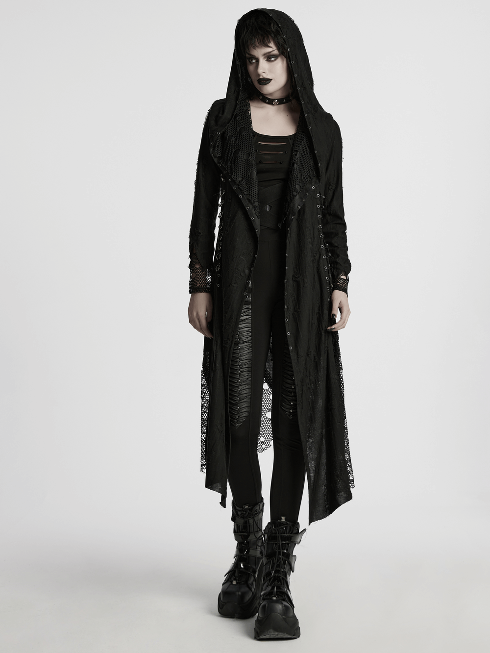 Female Gothic Mesh and Knit Hooded Asymmetric Cape