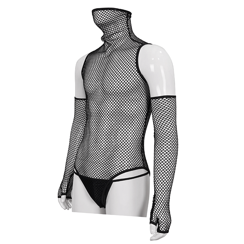 Fetish Black Elastic Mesh High Collar Bodysuit / Sexy Men's One Piece Bodysuit With Gloves