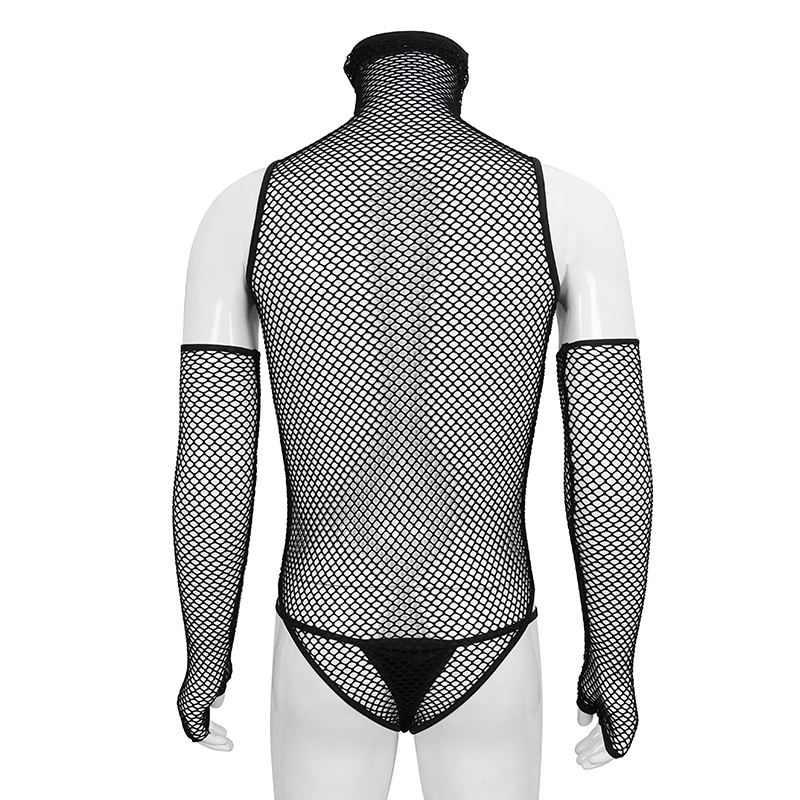 Fetish Black Elastic Mesh High Collar Bodysuit / Sexy Men's One Piece Bodysuit With Gloves