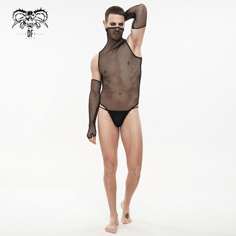 Fetish Black Elastic Mesh High Collar Bodysuit / Sexy Men's One Piece Bodysuit With Gloves