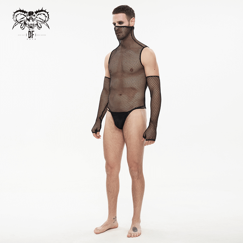 Fetish Black Elastic Mesh High Collar Bodysuit / Sexy Men's One Piece Bodysuit With Gloves