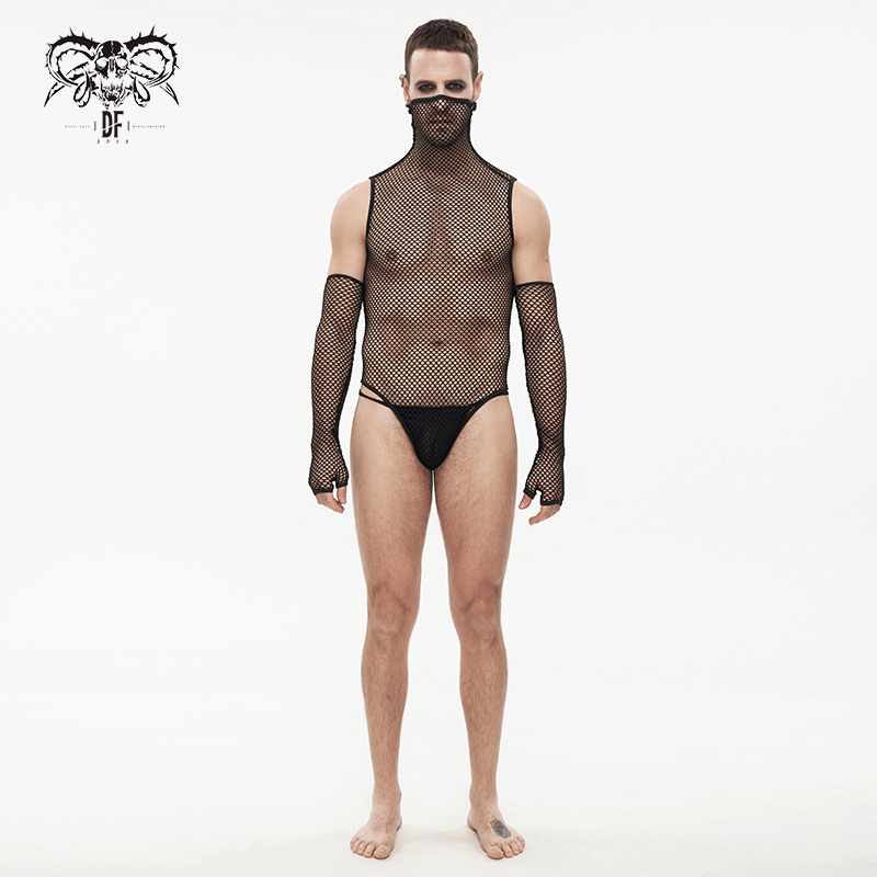 Fetish Black Elastic Mesh High Collar Bodysuit / Sexy Men's One Piece Bodysuit With Gloves