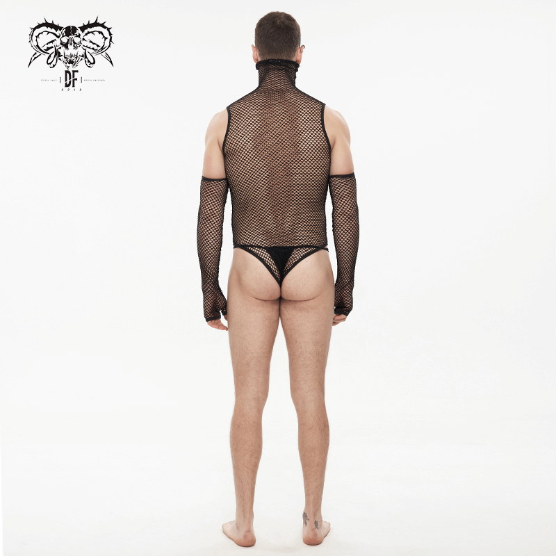 Fetish Black Elastic Mesh High Collar Bodysuit / Sexy Men's One Piece Bodysuit With Gloves