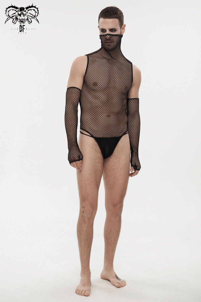 Fetish Black Elastic Mesh High Collar Bodysuit / Sexy Men's One Piece Bodysuit With Gloves