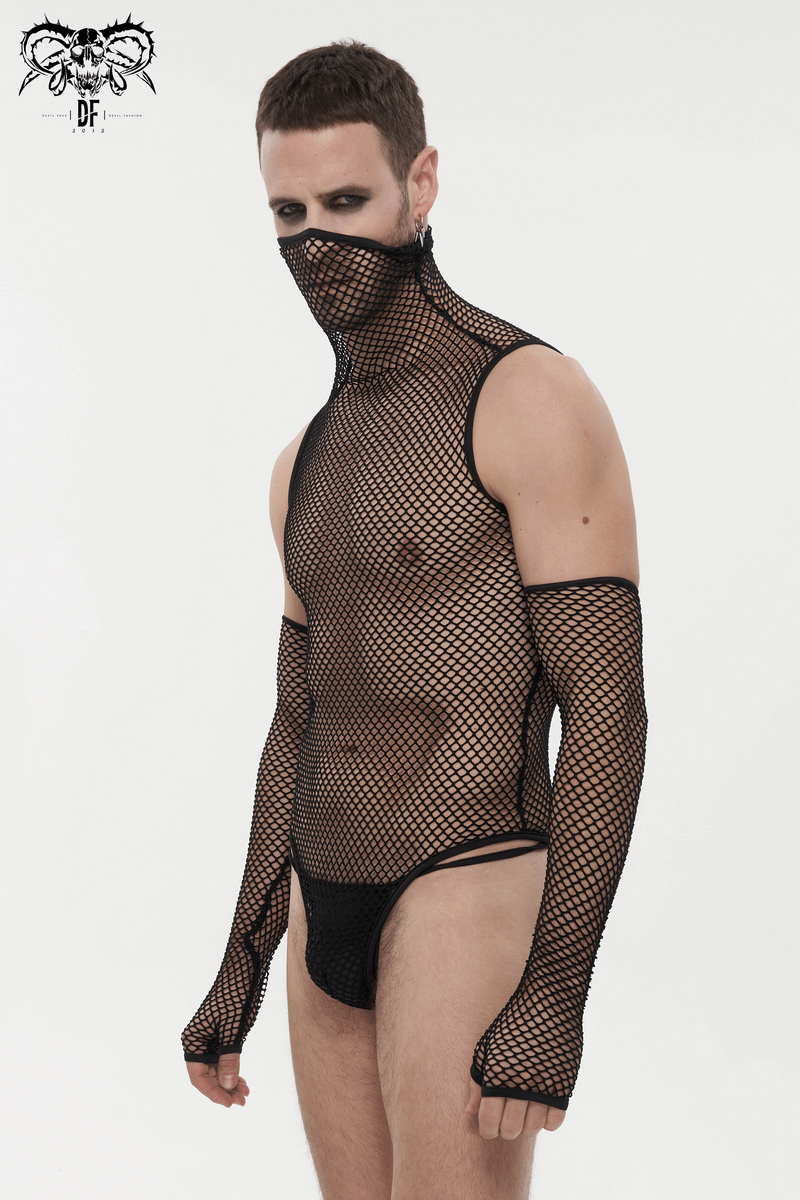 Fetish Black Elastic Mesh High Collar Bodysuit / Sexy Men's One Piece Bodysuit With Gloves