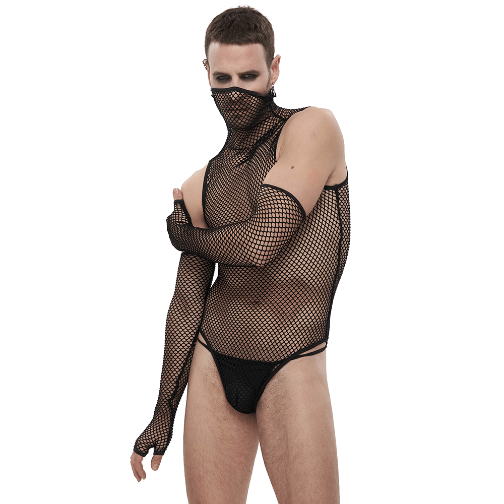 Fetish Black Elastic Mesh High Collar Bodysuit / Sexy Men's One Piece Bodysuit With Gloves
