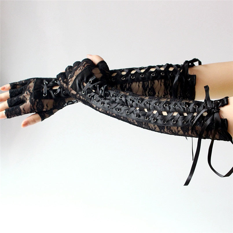 Fingerless Gothic Gloves / Women Long Black Lace Mittens with Ribbon & Rivet / gothic clothing