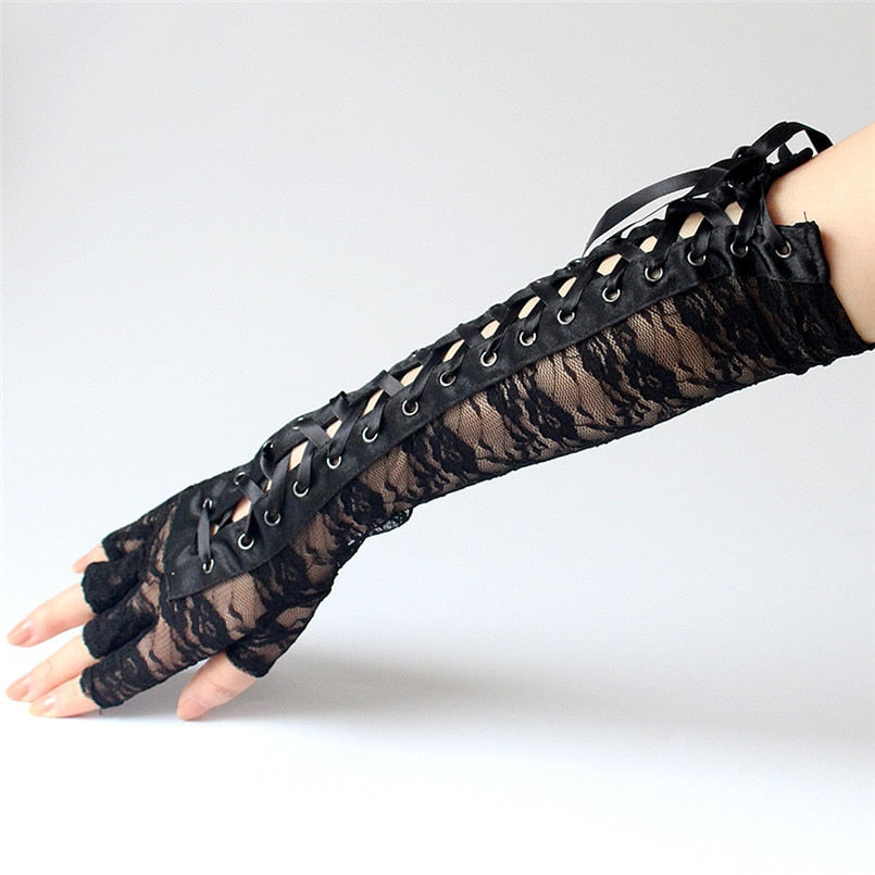 Fingerless Gothic Gloves / Women Long Black Lace Mittens with Ribbon & Rivet / gothic clothing