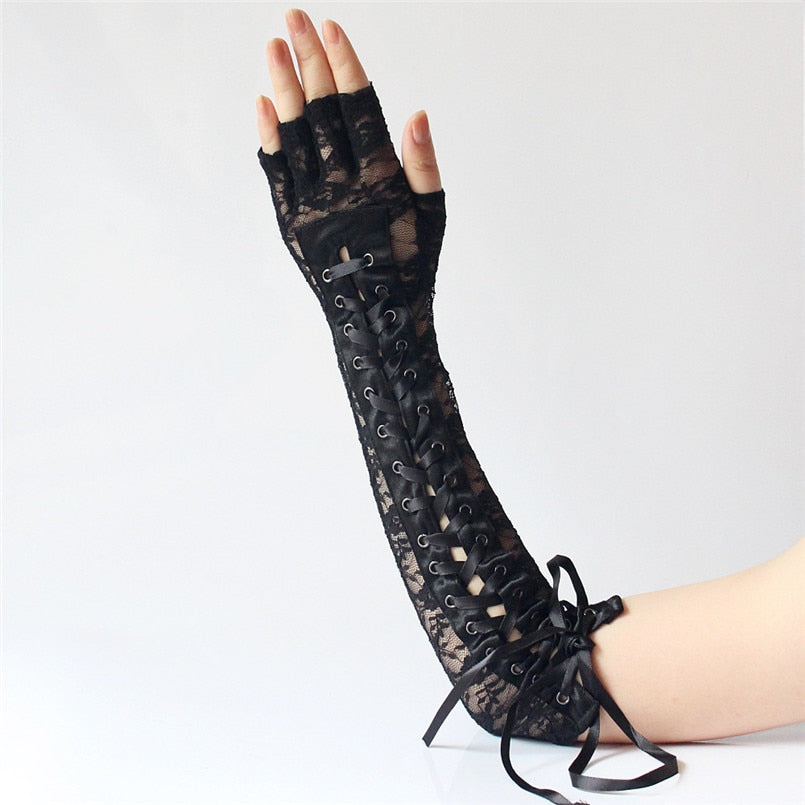 Fingerless Gothic Gloves / Women Long Black Lace Mittens with Ribbon & Rivet / gothic clothing