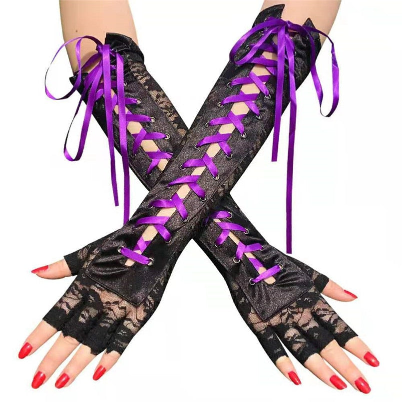 Fingerless Gothic Gloves / Women Long Black Lace Mittens with Ribbon & Rivet / gothic clothing