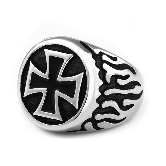 Fire Detail Cross Biker Ring / Rock Style Design Stainless Steel Jewelry