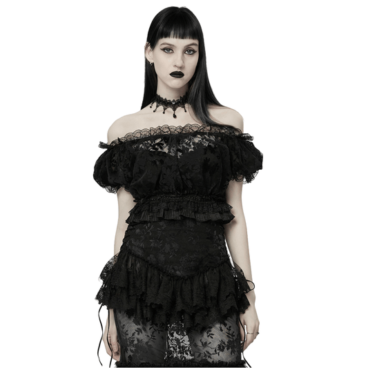 Flocked Mesh Gothic Crop Top with Lace and Bubble Sleeves