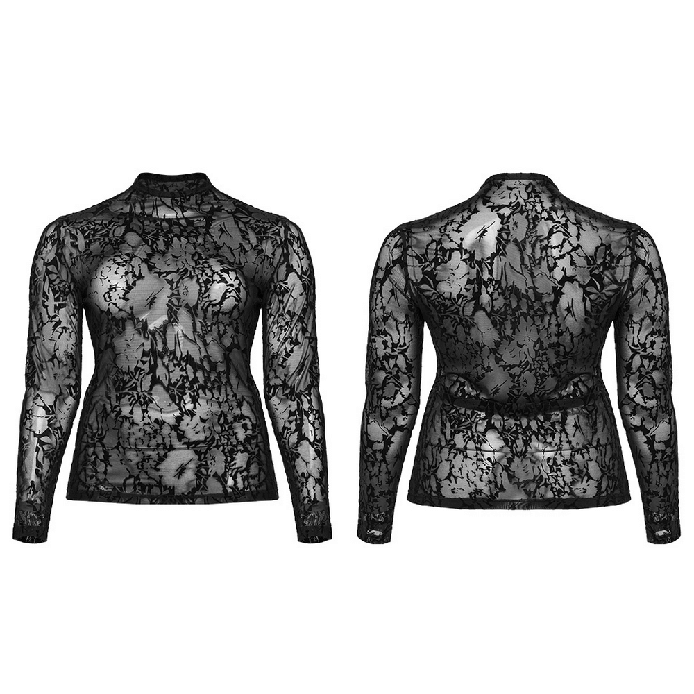 Floral Flocked Mesh Long Sleeve Top for Chic Style