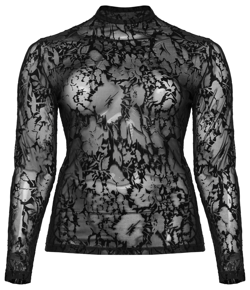Floral Flocked Mesh Long Sleeve Top for Chic Style