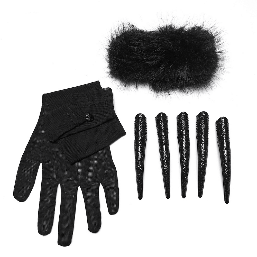 Fluffy Goth Gloves with Dark Demon Finger Tips and Cuffs