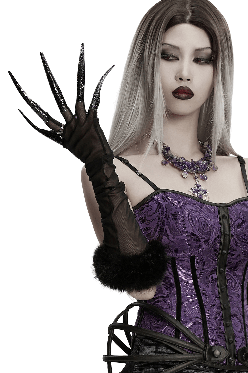 Fluffy Goth Gloves with Dark Demon Finger Tips and Cuffs